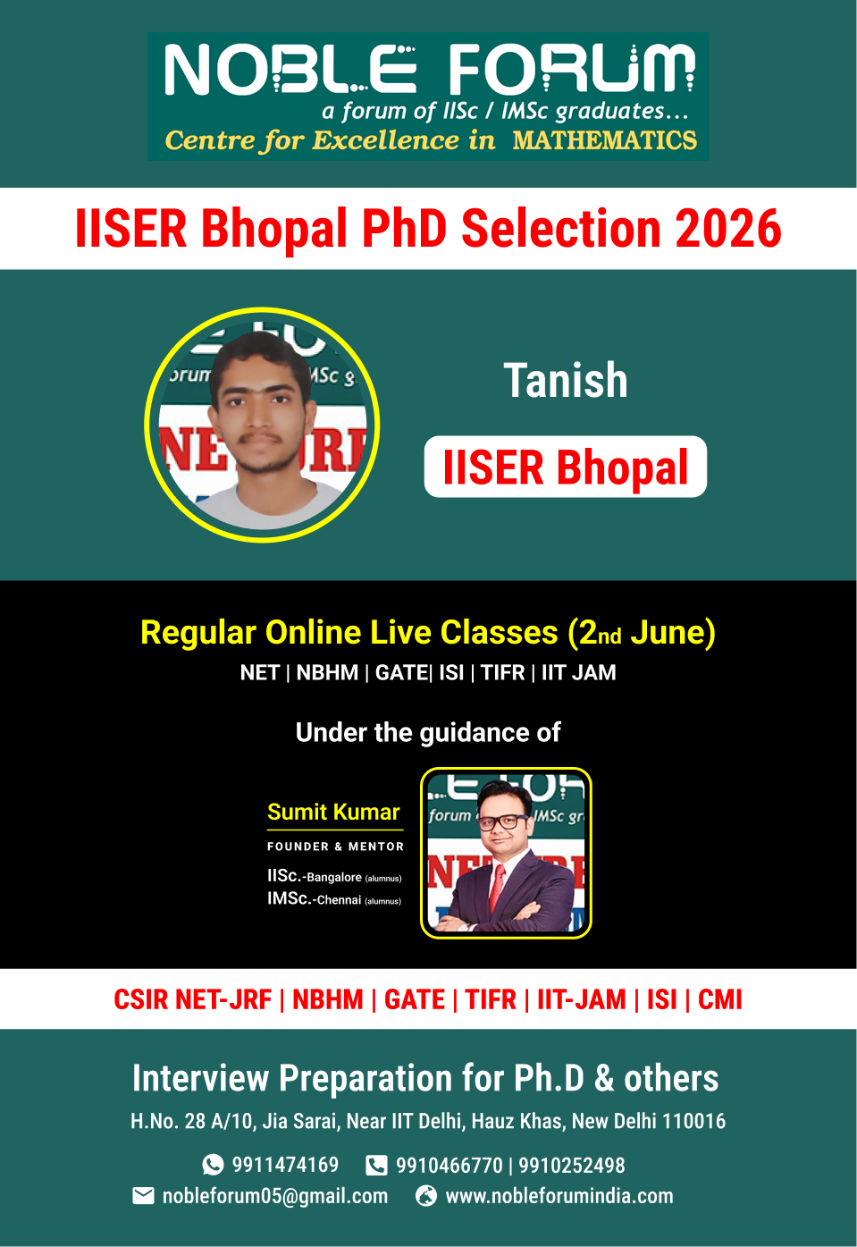 Tanish _  IISER Bhopal PhD Selection 2026